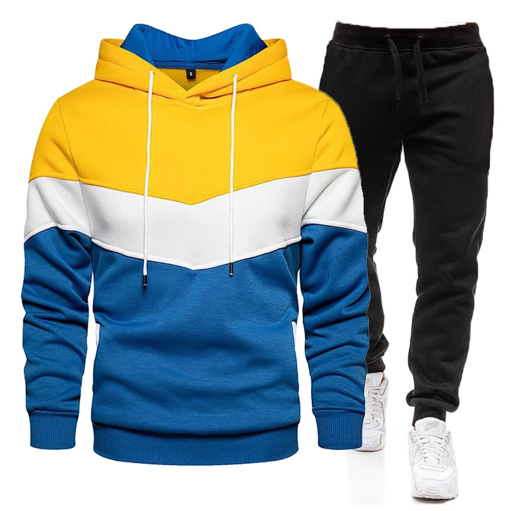 

2022 Men's Patchwork Hoodies Sweatshirt+Sweatpants Suit Autumn Winter Warm Sportswear Sets Tracksuit Men Pullover Jacket Set