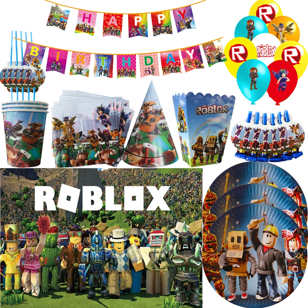 

Robloxs игровые тематические товары для дня рождения, одноразовая посуда, тарелка, салфетки, топперы для торта, украшение для детского дня рожд...