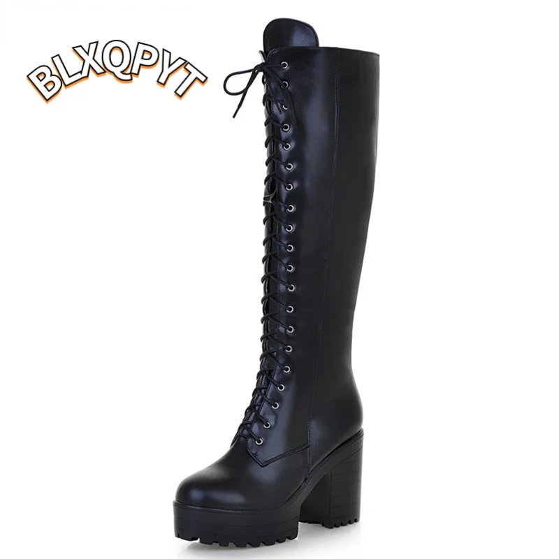 

BLXQPYT 2021 New big size knee high boots women square high heels platform ladies boots lace up autumn winter boots female