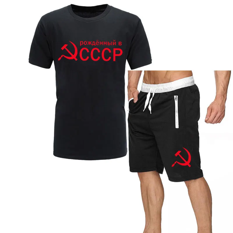 

Summer New Cccp Russia Print T-shirt Summer Men's Short Sleeve O-neck Cotton T Shirt+pants Cool Tees Tops Fitness Suit