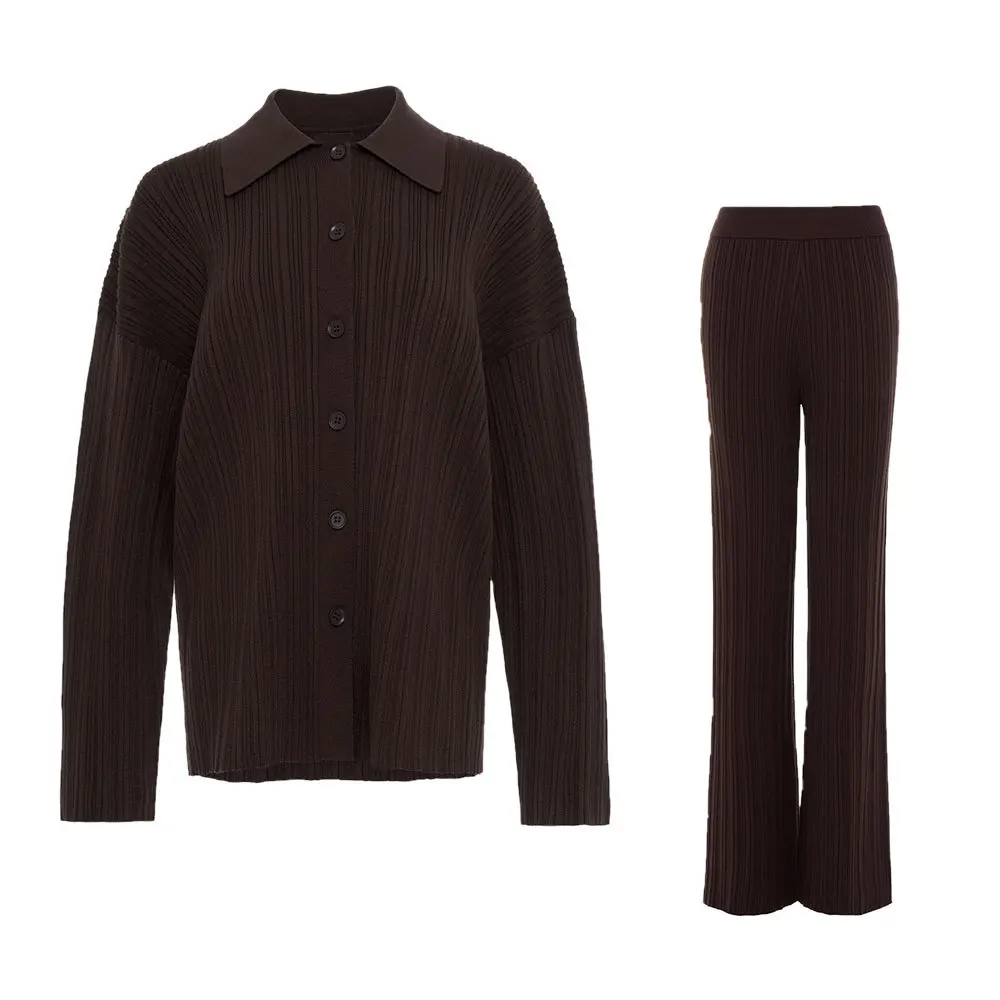 Однотонный вязаный комплект из 2 предметов с воротником-поло брюки длинным