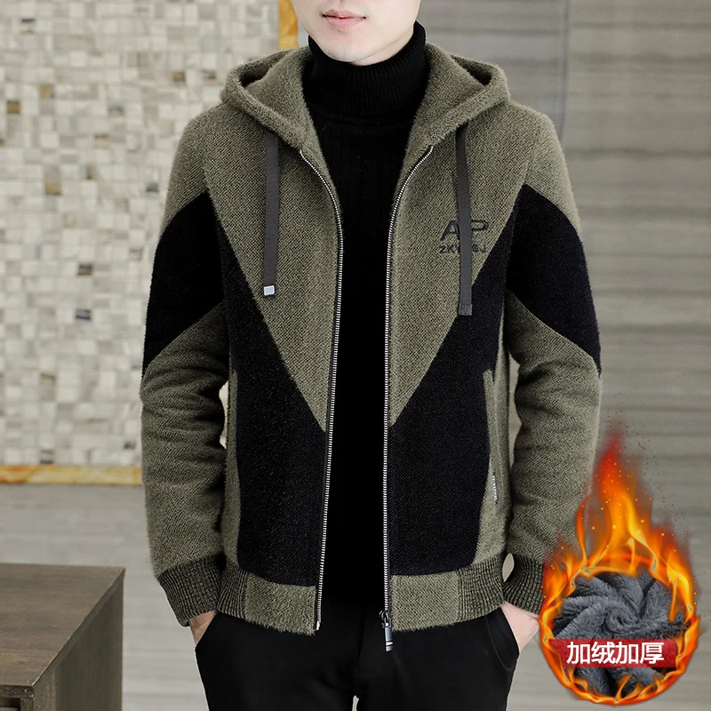 Korean Hooded Patchwork Woolen Jacket Men Winter Thicken Warm Short Trench Coat Casual Business Social Overcoat Men Clothing