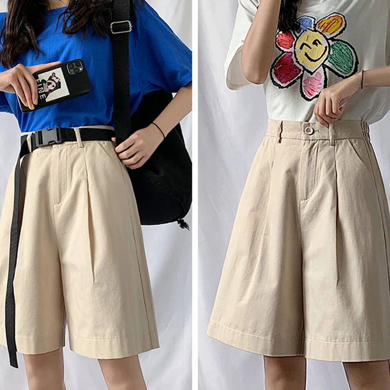 DFRCAEG 2023 Summer Bermuda Shorts For Women High Elastic Waist Wide Leg Loose Suit Pants Free Belt Casual Half Pants Femme