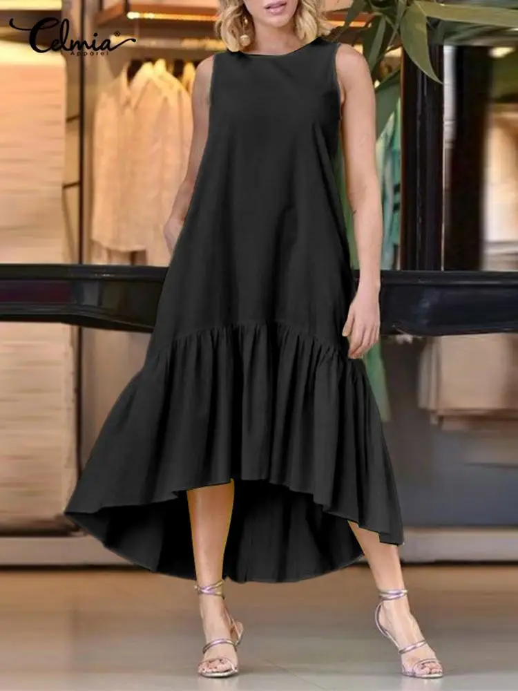 

Celmia Sleeveless 2022 Summer Midi Dress O-neck Stitching Ruffles Casual Loose Women A-line Vestido Buttons at Back Tank Dresses