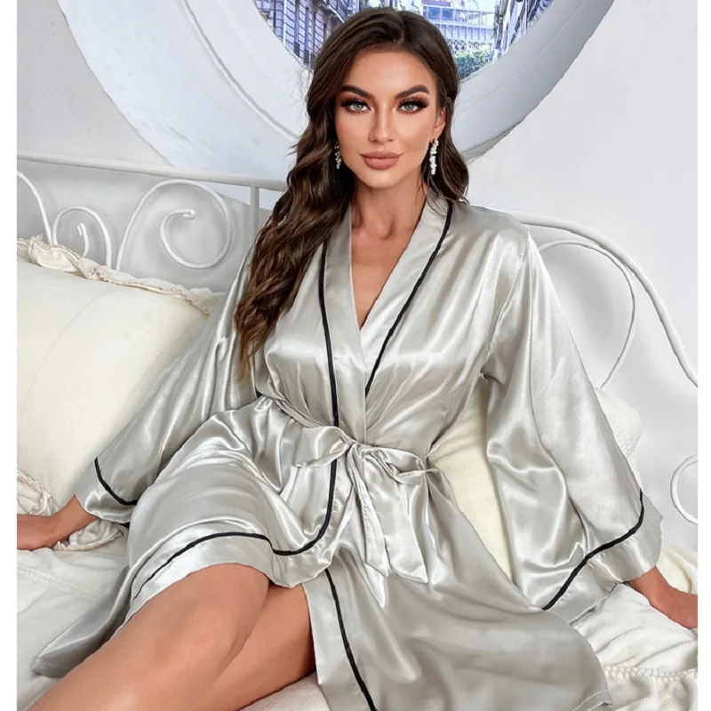 New Summer Pajamas For Women  Sexy Satin Silk Like Nightgown Casual Nightwear Bathrobe Cardigan Robe Set Sleepwear Ladies Kimono