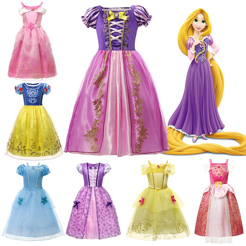 

2023 Платье Принцессы Диснея Рапунцель для маленьких девочек Белль Аврора костюмы для косплея на Хэллоуин День рождения детской одежды