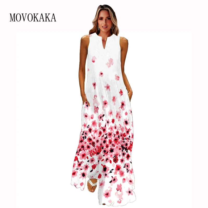 

MOVOKAKA Summer Woman Vintage Long Dress Sleeveless Beach Casual Holiday Maxi Vestids Elegant Printing V Neck Slim Loose Dresses