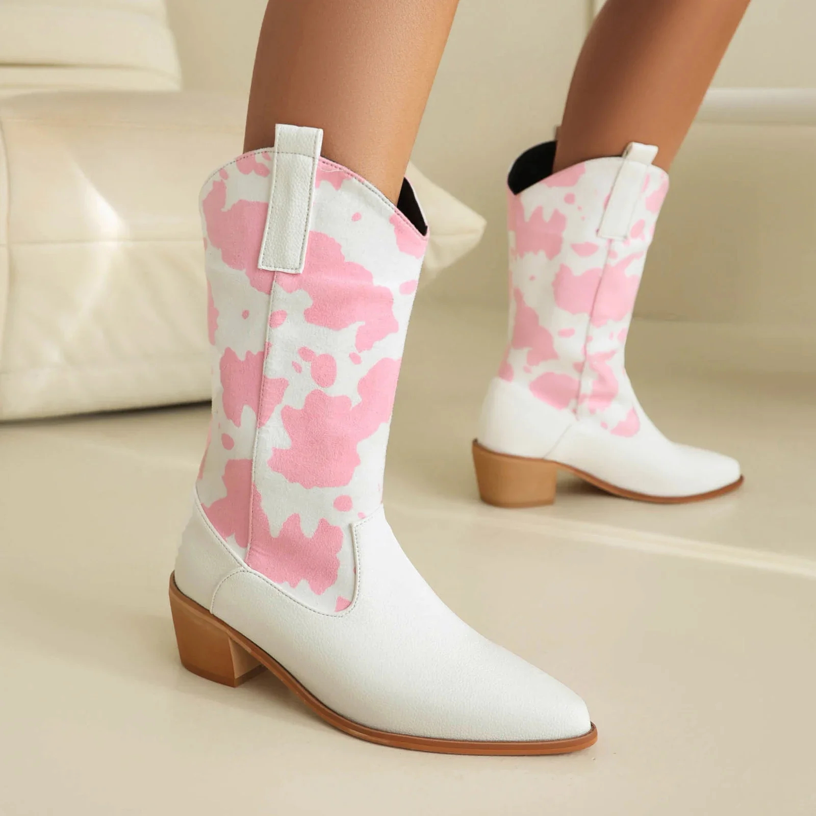 Сапоги в стиле вестерн из искусственной замши пэчворк кожи с острым деревянным