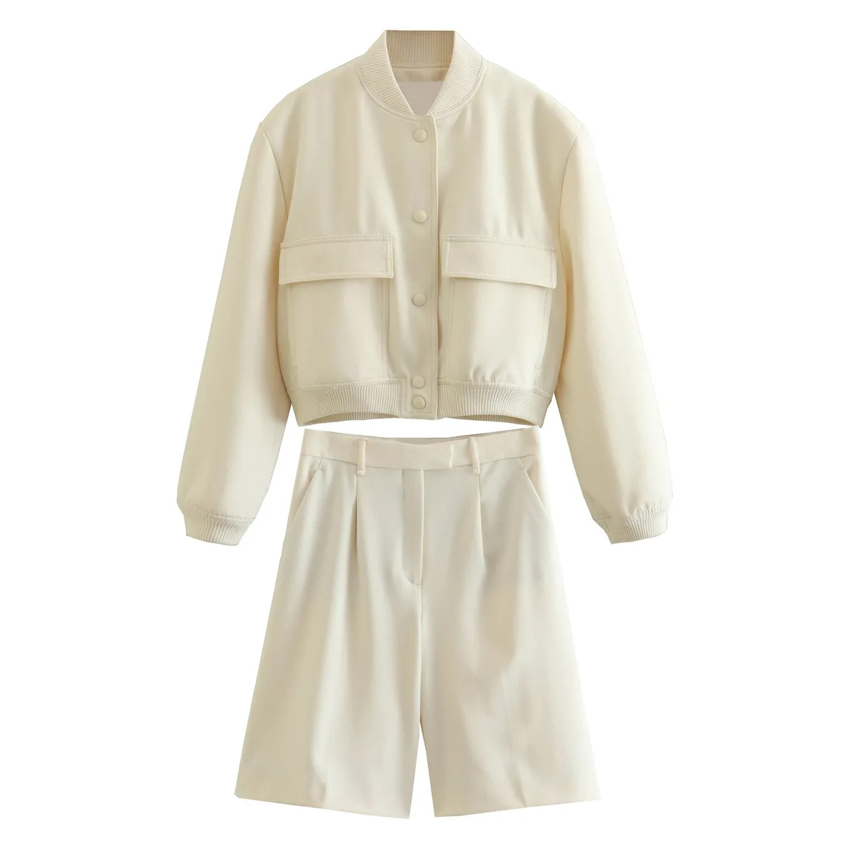 2023 New Spring Unisex Style Women Sets Solid Pockets Top Half Shorts Streetwear Fashion Pleated Design Capris Casual Shorts