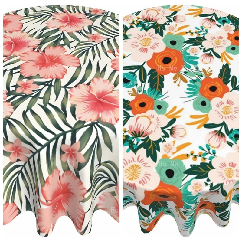 

Colorful Summer Blossom Tropical Pink Floral Round Tablecloth Hibiscus Flower Palm Leaves Twith Dust Proof Wrinkle Decorative