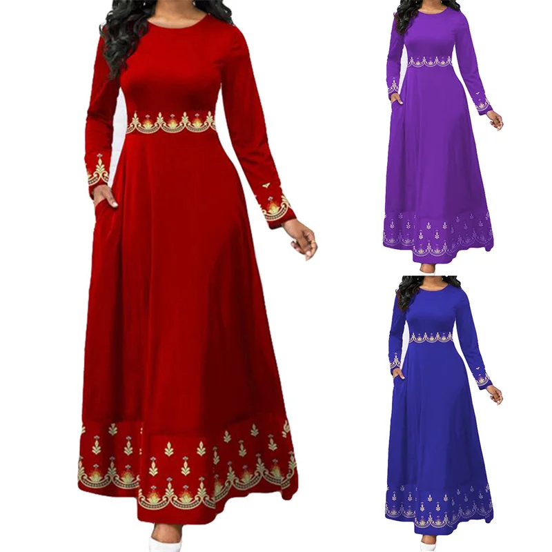 

Vintage Women Floral Print Party Dresses Spring Summner New Fashion O-neck Long Sleeve Maxi Dress Elegant Ladies Pocket Vestidos