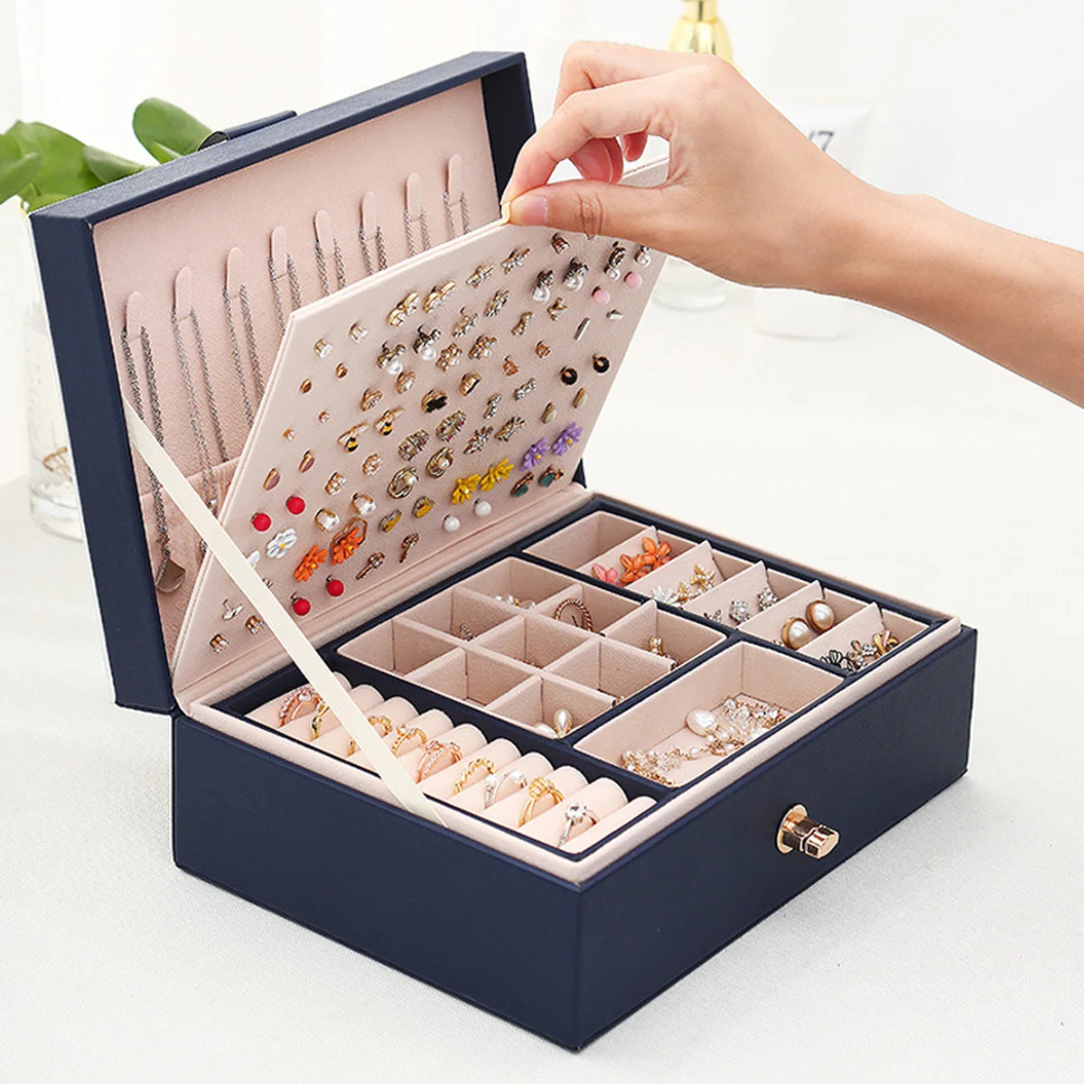 

PU Leather Double Layer Large Jewellery Boxes Storage Drawer Cabinet Necklace Organizer Storage Box 23*17*8.5cm