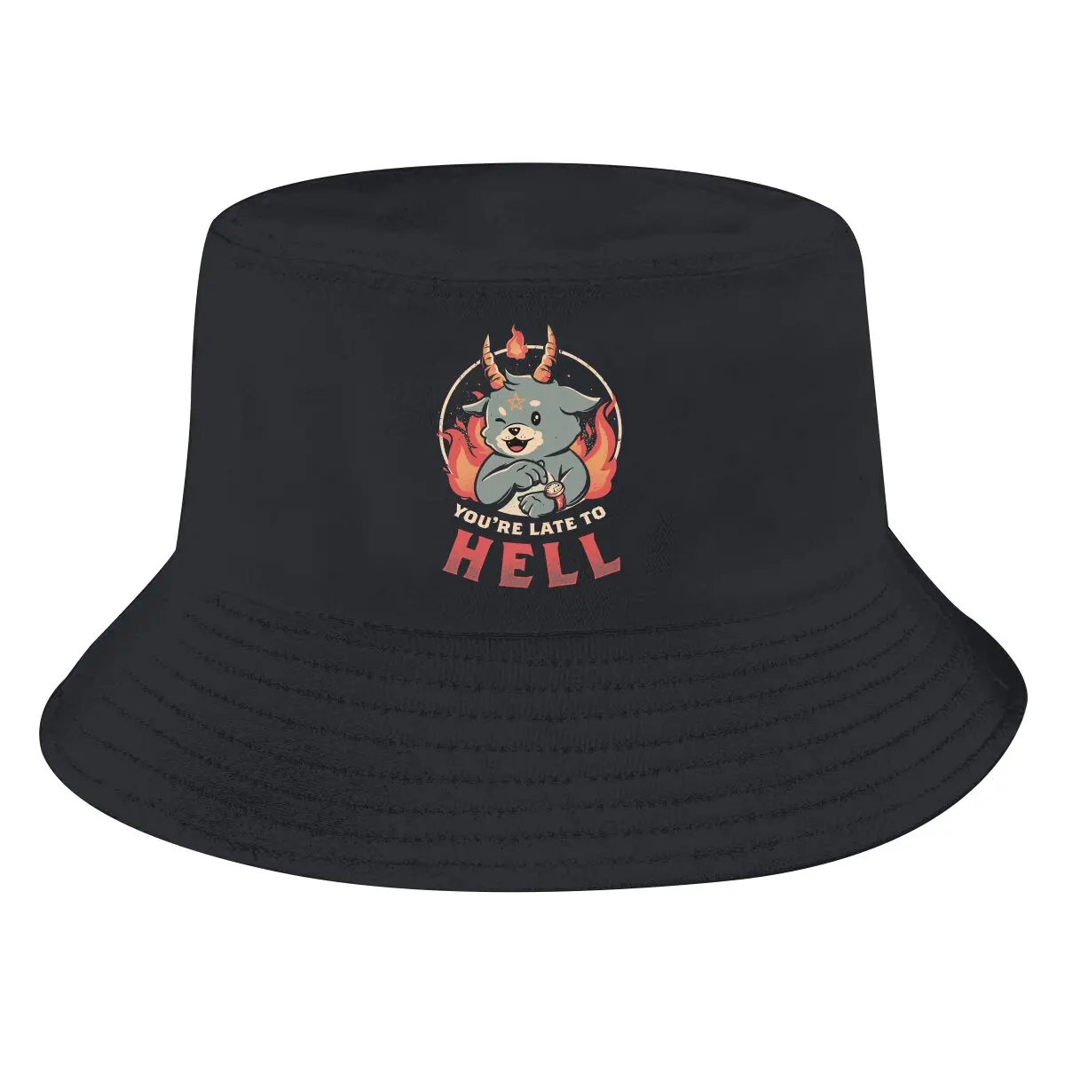 

Late to Hell Cute Evil Creepy Unisex Bucket Hats Baphomet Satan Lucifer Hip Hop Fishing Sun Cap Fashion Style Designed