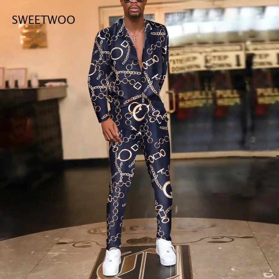 Men's Sets Autumn American Graffiti Print Suit Collar Shirt Slim Fit Casual Pencil Pants Streetwear Men Clothing Set