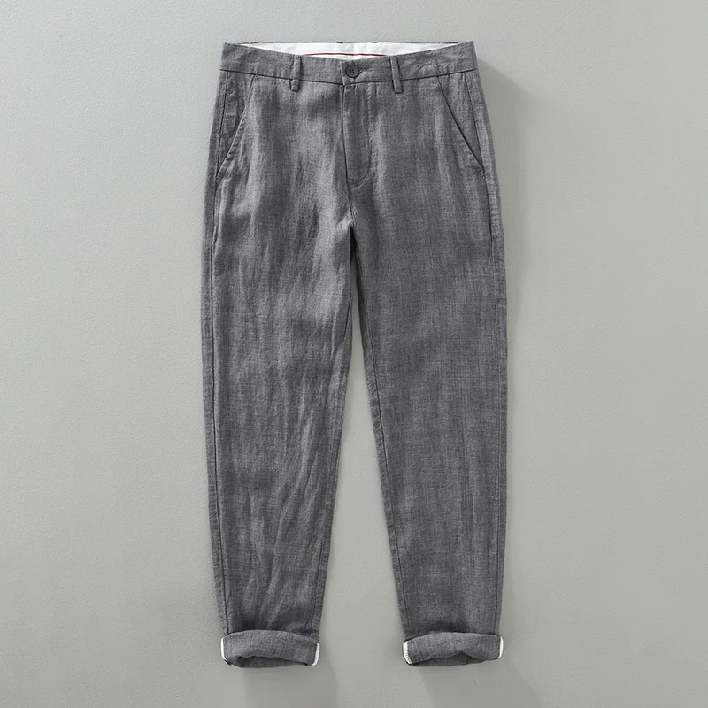 

Spring Summer New Casual Pants for Men Lightweight Breathable Yarn-dyed Pure Linen Male Straight Tube Loose Pants Streetwear