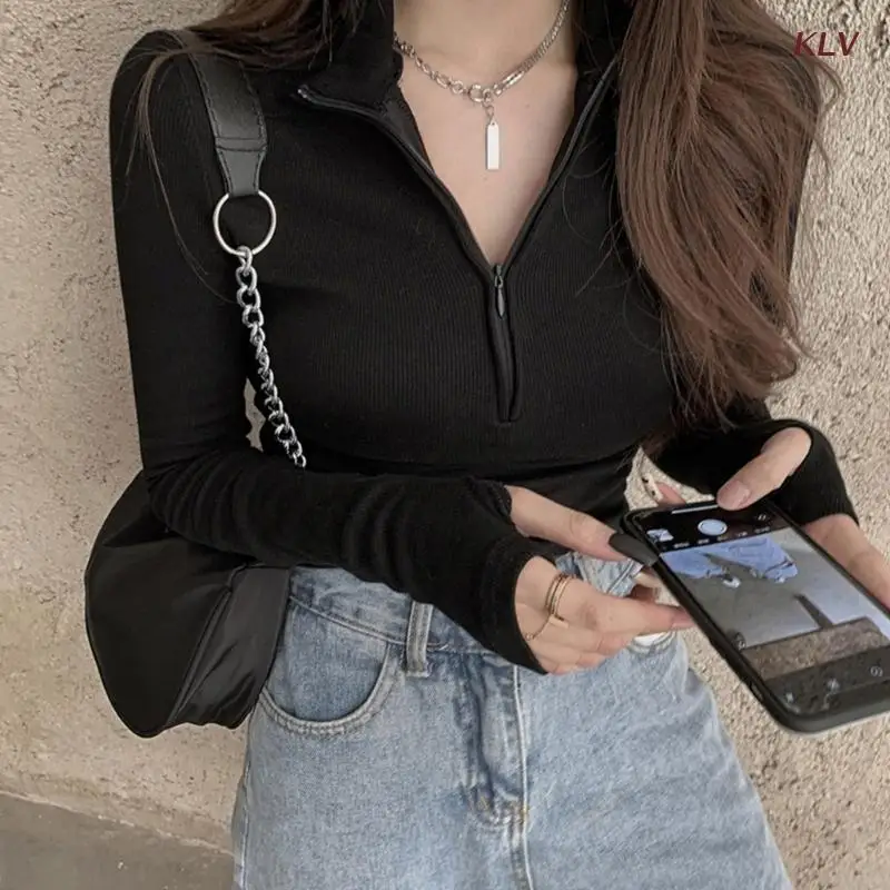 

Womens Sexy Sweater Zipper Front Long Sleeve Slim Fitted Ribbed Knitted Pullover Top Cropped Knitted Sweater Muiltcolor 6XDA