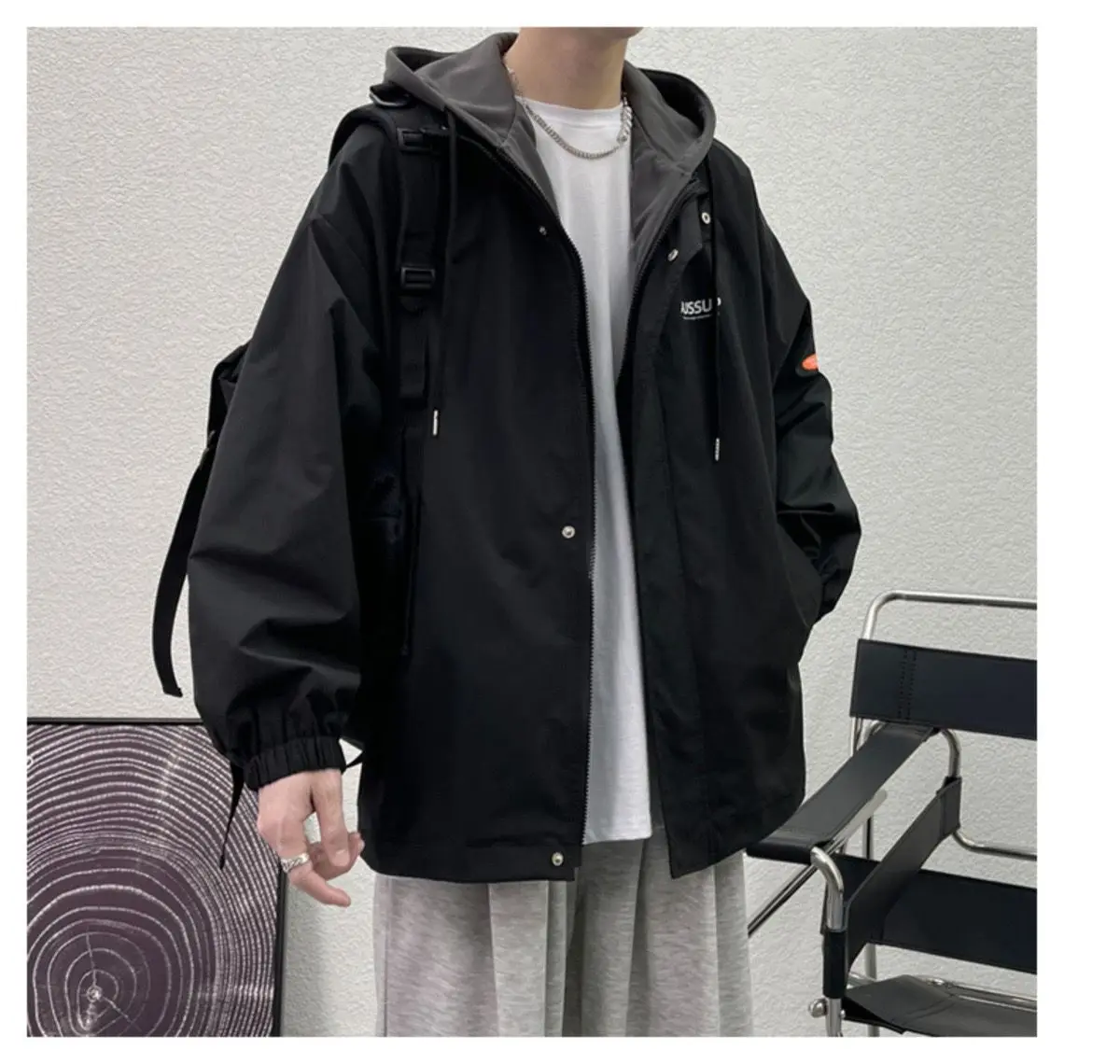Autumn Winter Solid Casual Jacket Men's Loose Cool Boys Soft Zipper Hoodie Drawstring Student Coat False Two-piece Suit