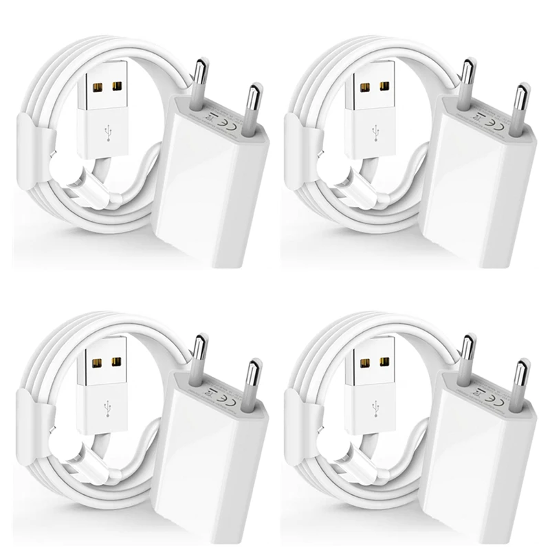 

4 Units EU USB Charger + USB Charging Cable for iPhone X XR XS 11 12 13 Pro Max 8 7 6 6S Plus SE Wall Power Adpater Charge Cord