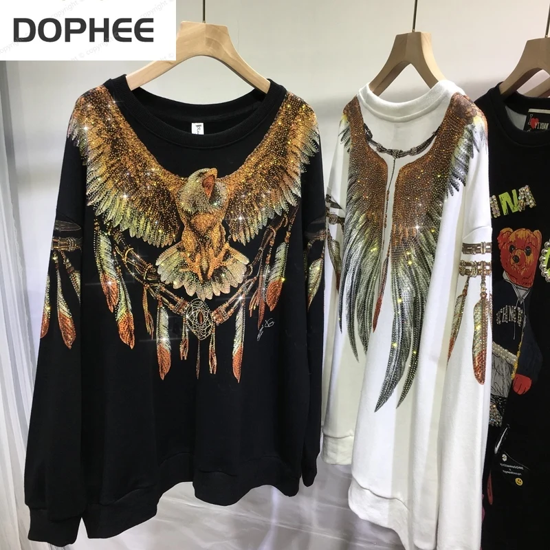 Luxury Hot Drilling Women Sweatshirt Domineering Eagle Back Wings Long Sleeve Pullover Top 2022 New Autumn Streetwear Hoodies