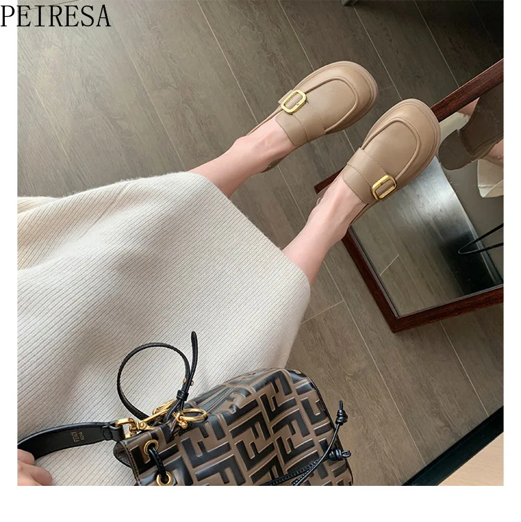 Thick-soled British Style Loafers Women's 2022 Spring New Metal Buckle Soft-soled Slip-on Small Leather Shoes