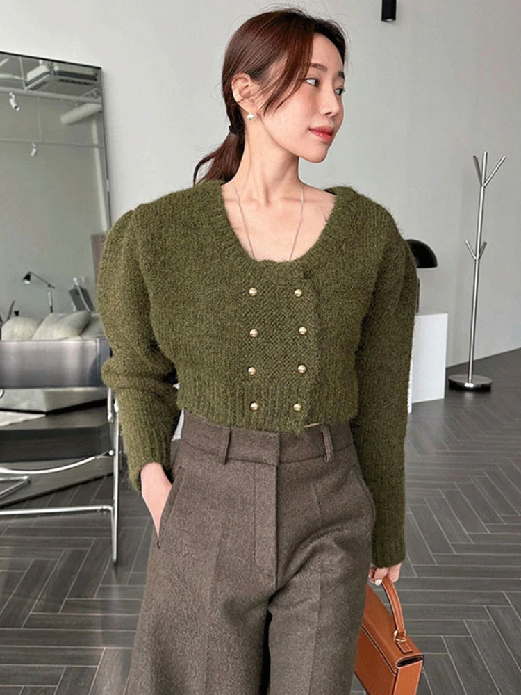 

Korobov Chic Autumn Winter Sweater Temperament U Neck Double Breasted Knitwears Solid Color Thick Long Sleeve Crop Cardigans