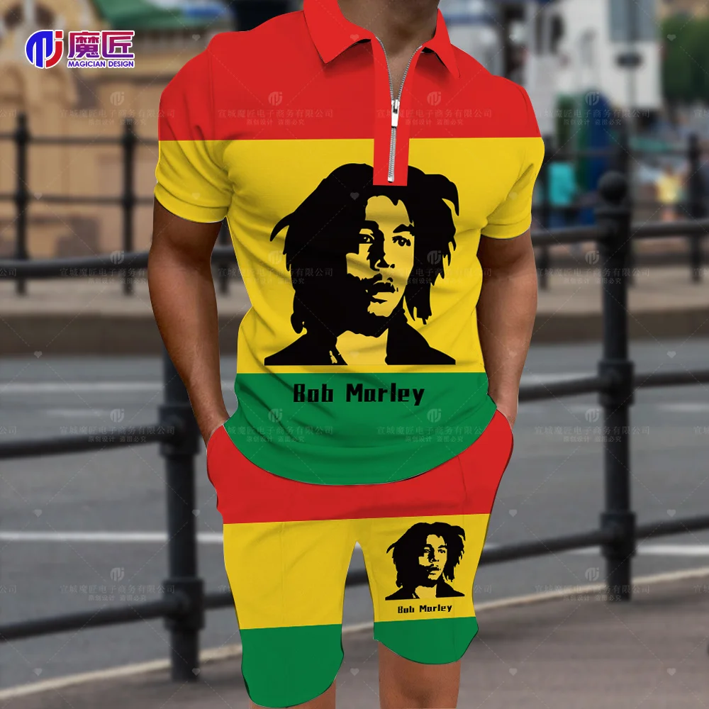 Bob Marley Short-Sleeved POLO Shirt Lapel Suit Sports Meeting Fashion Men's Shirt + Shorts Casual 2-Piece Fitness Running Suit
