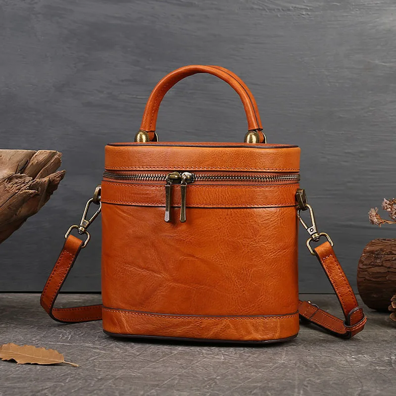 

EUMOAN New real leather ladies' bag solid color retro casual ladies' handbag head layer cowhide one shoulder oblique bucket bag