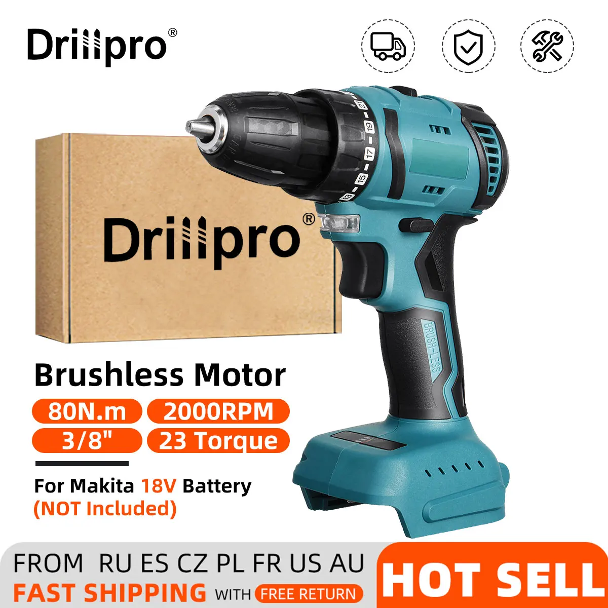 

Drillpro 80N.m Brushless Cordless Electric Drill Rechargable DIY Power Tool Hammer Drill Screwdriver Wrench for Makita Battery