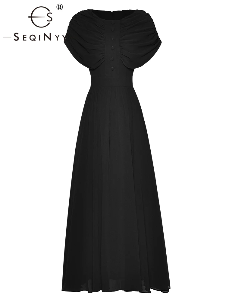 SEQINYY Elegant Black Dress Summer Spring New Fashion Design Women Runway Short Sleeve Ruffles Drapled A-Line Casual Slim