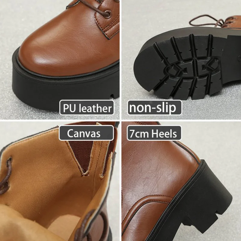 Chunky Platform Ankle Boots for Women Winter/ Autumn Thick Bottom Lace Up Shoes Woman Retro Black Leather Short Boots HighHeels