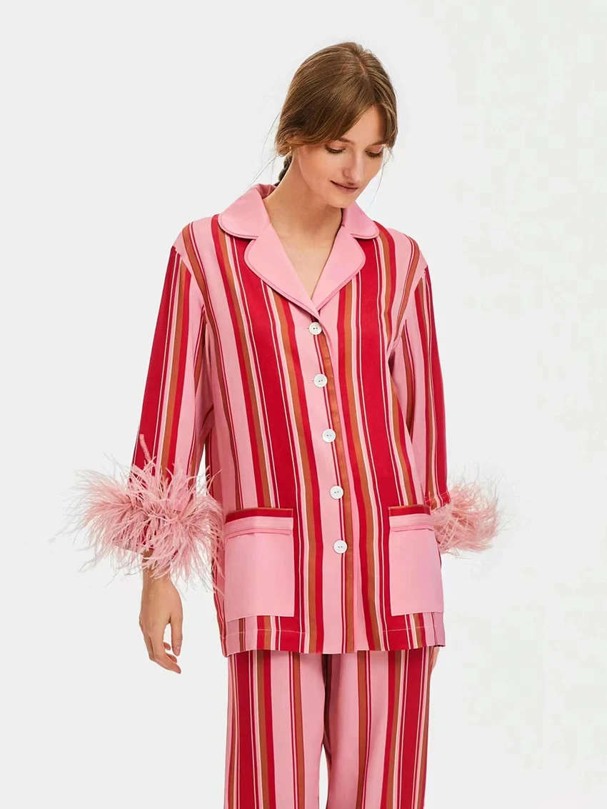 Marthaqiqi Модный женский Пижамный костюм с перьями Пижама отложным воротником