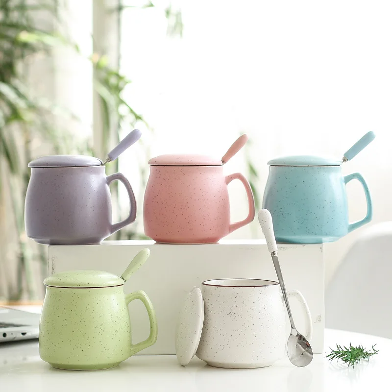 

Japanese-style Ceramic Gypsophila Water Cup with Lid Spoon Coffee Cup Company Mug Office Handy Water Milk Home Coffee Cup