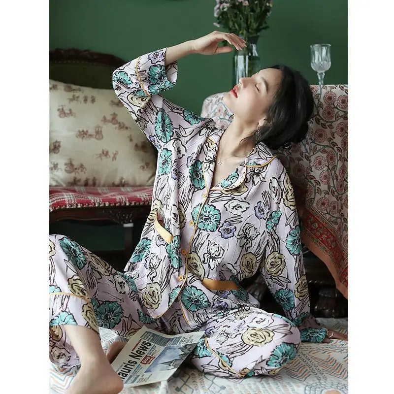 Printed pajamas women's long-sleeved ice silk two-piece fashion pajamas for women  bộ đồ ngủ mùa hè nữ  pijama