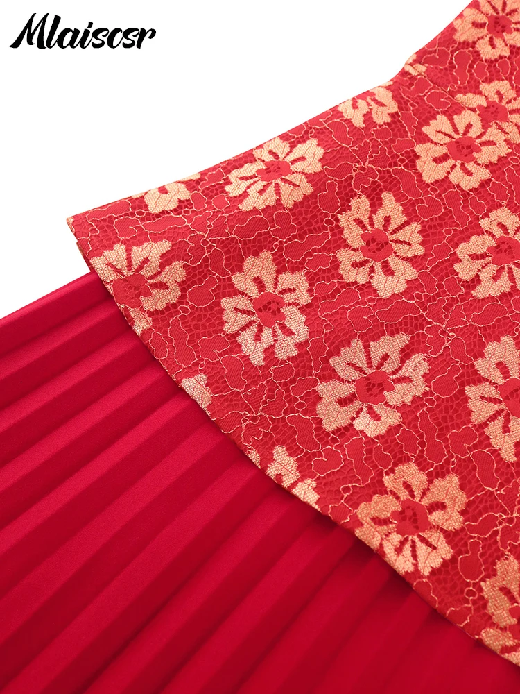 Mlaiscsr Новое Красное Кружевное лоскутное платье с принтом плиссированное