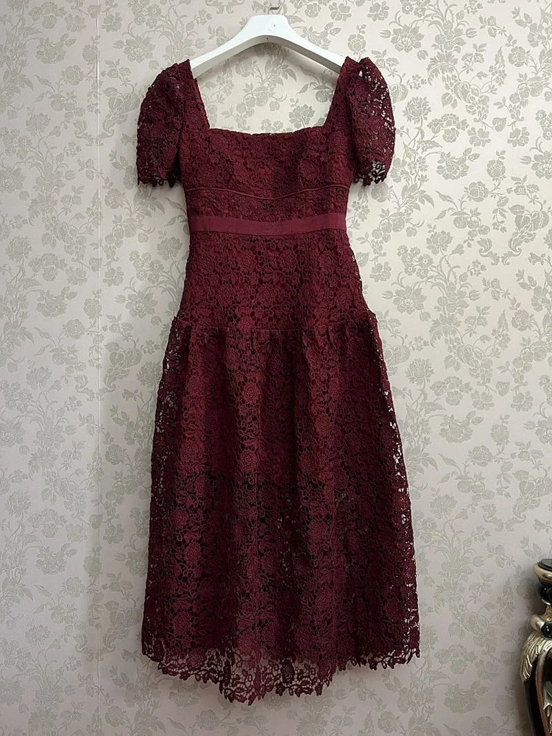 2022 Summer Women Sexy Lace Dress Hollow Out Wine Red Lady Evening Short Sleeve Flower Embroidery Midi Long Dresses Party