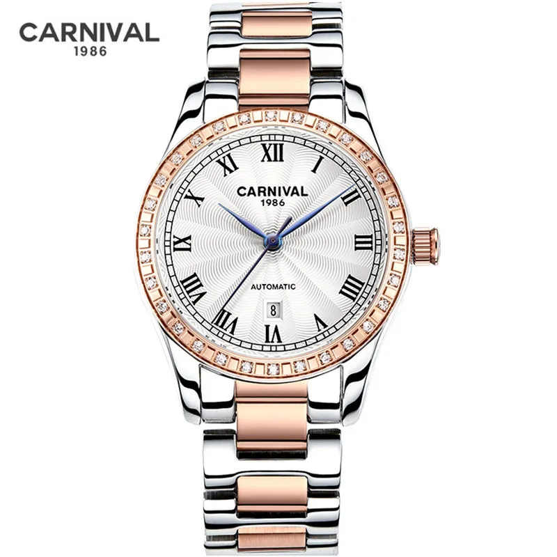 CARNIVAL Brand Fashion Mechanical Watch for Women Luxury Stainless Steel Calendar Automatic Wristwatches Waterproof Reloj Hombre