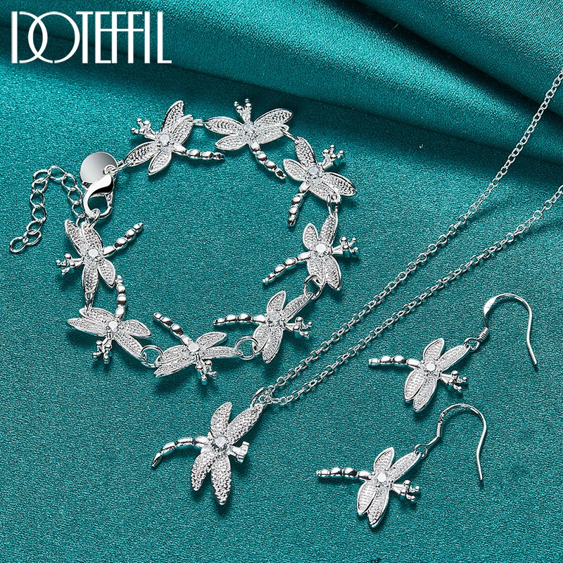 

DOTEFFIL 3pcs 925 Sterling Silver AAA Zircon Dragonfly Necklace Bracelet Earring Set For Woman Man Wedding Engagement Jewelry