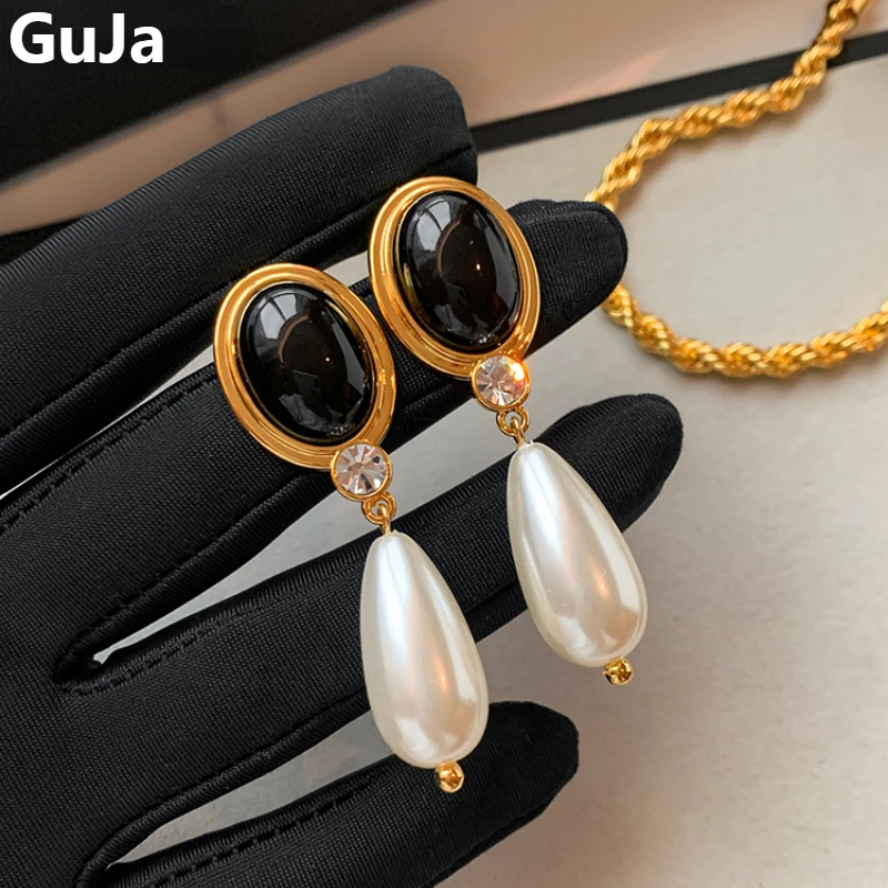 

Retro Jewelry 925 Silver Needle Black Resin Big Simulated Pearl Dangle Earrings For Women Girl Party Wedding Gift Accessories