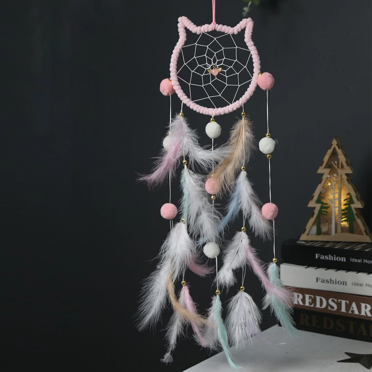 

Kawaii Cat Dream Catcher Room Decor Cute Baby Girl Bedroom Wall Decoration Hanging Hearts Star Feathers Pendant Ornaments Home