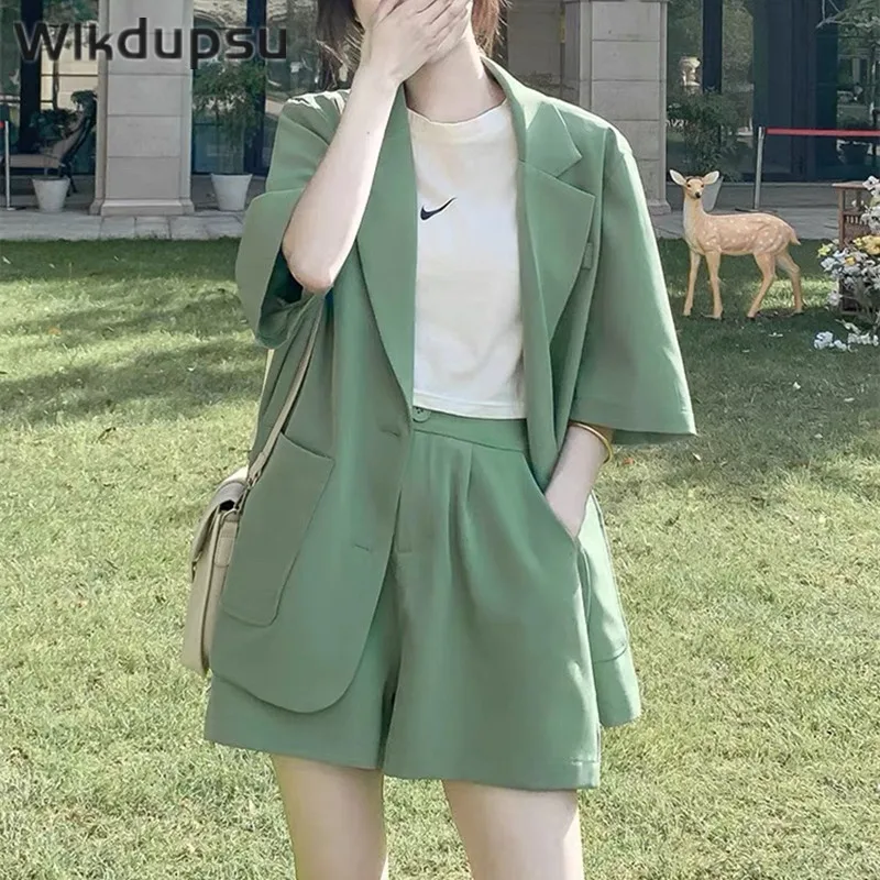 Women Sets Summer Short Sleeve Cardigan Blazer Shorts Set Business Office Lady Casual Short Suits Jacket Top Two Piece Outfits