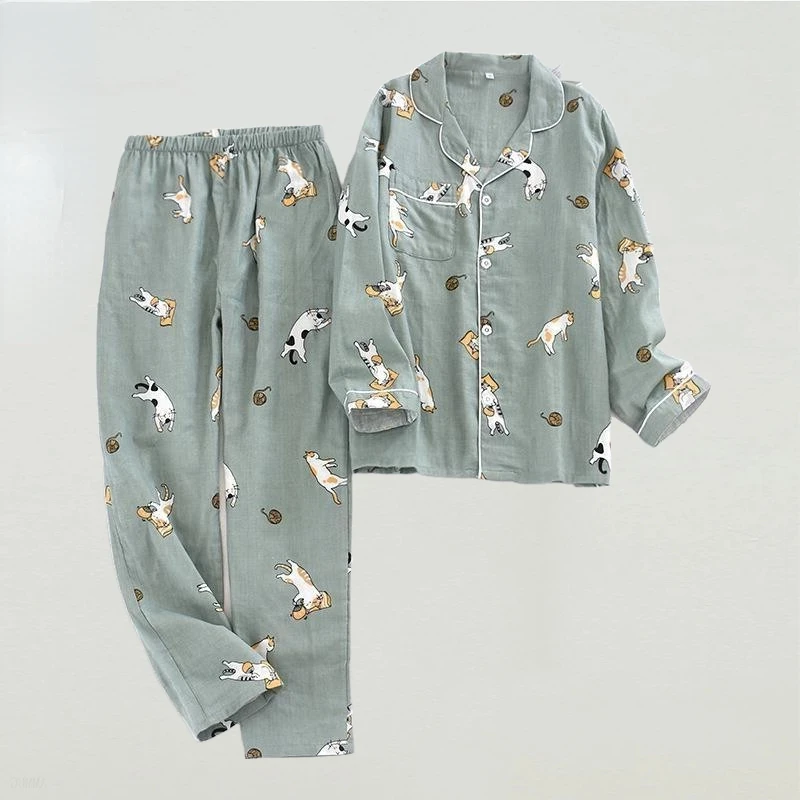 Pajamas Summer Women Cotton Cartoon Cat Printed 2Pcs Turn-down Neck Shirt+Pants Pyjamas Soft Clothes Female Underwear