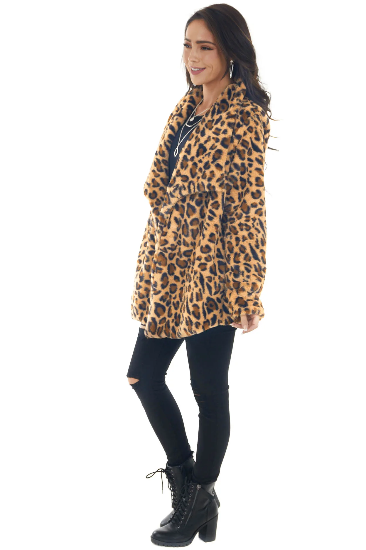 Winter Beltless Lapels Faux-fur Streetwear  Long-sleeved Leopard Fur Coat Women's Clothing Leopard Long Coats for lady
