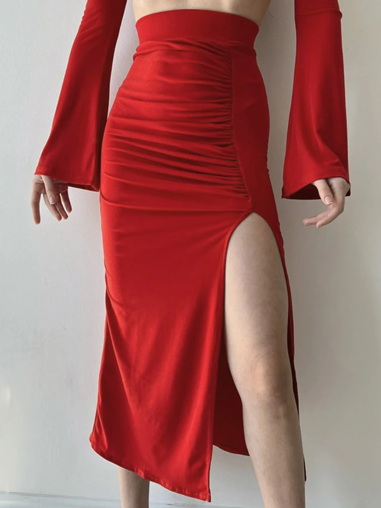 

Sexy Folds Fashion Long Skirts Women High Waist Red Korean Skirt Office Women Sexy Black Skirt Lady Faldas Mujer Moda 2022 Solid