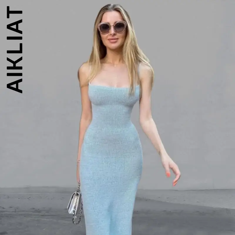 

Aikliat New Women Dress Spring Backless Lace Up Knitted Sweater Dress Basic Elastic Streetwear Cheap Soft Female Vestidos