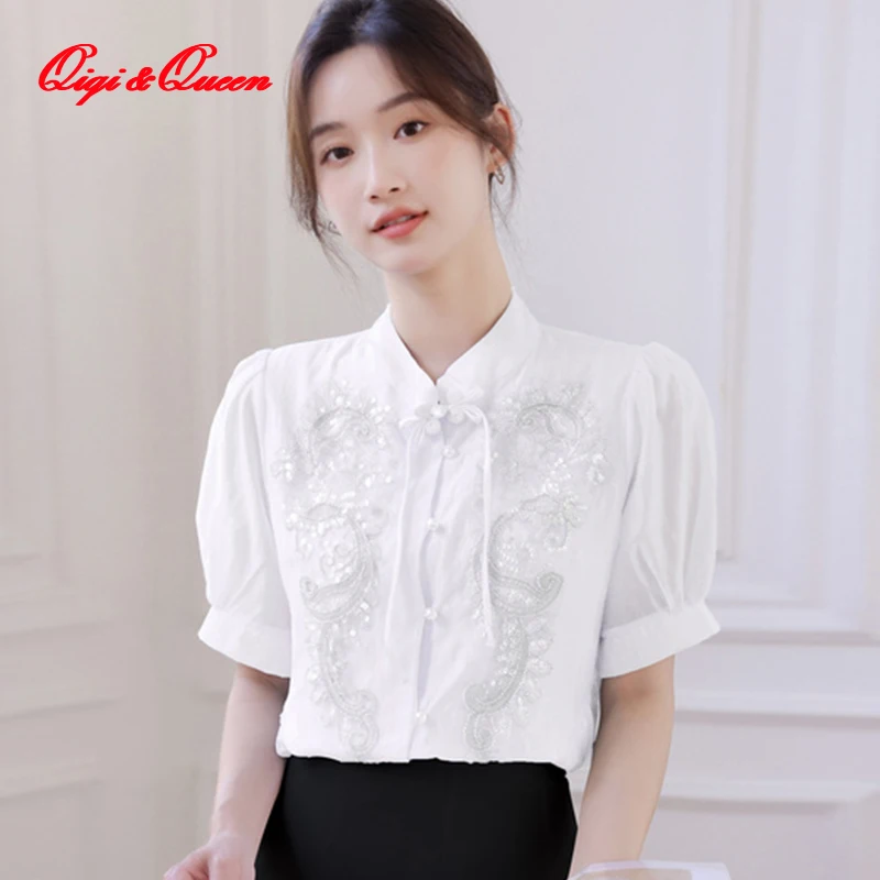 Qiqi&queen 2023 Summer Sequined Diamond Loose Chiffon Blouse Korean Style Casual Stand Neck Tops Wmens Elegant OL Tooling Shirt images - 6
