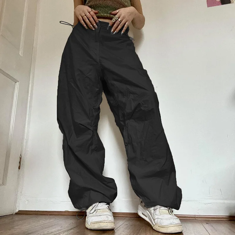 

Женские повседневные джоггеры, винтажные однотонные мешковатые брюки с низкой талией и завязками, спортивные брюки Y2K с широкими штанинами, уличная одежда, брюки-карго