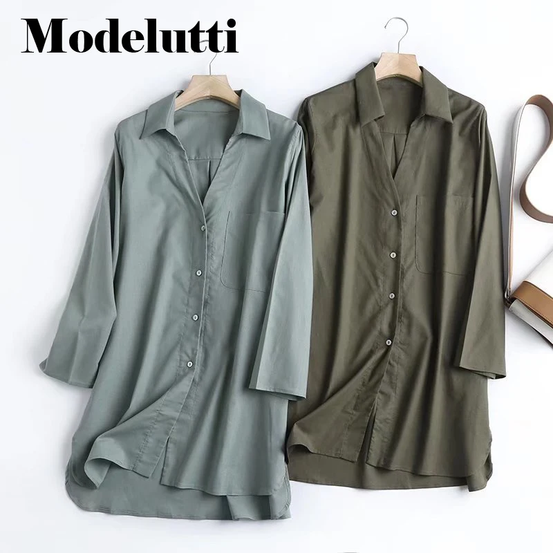 

Modelutti 2023 New Spring Autumn Fashion Long Sleeve Linen Lapel Long Shirt Women Solid Loose Blouses Simple Casual Tops Female