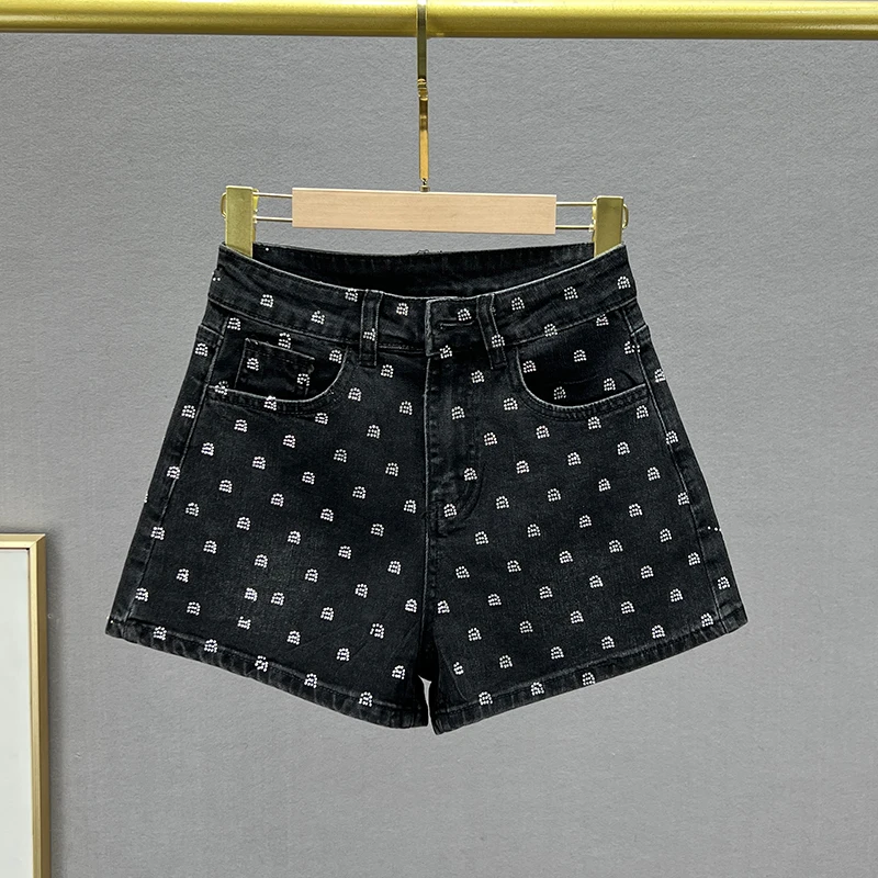 

High Street European Hot Diamonds Denim Shorts Women's Fashion 2023 New Summer High Waist Slim Fit Wide Leg Short Hot Pants