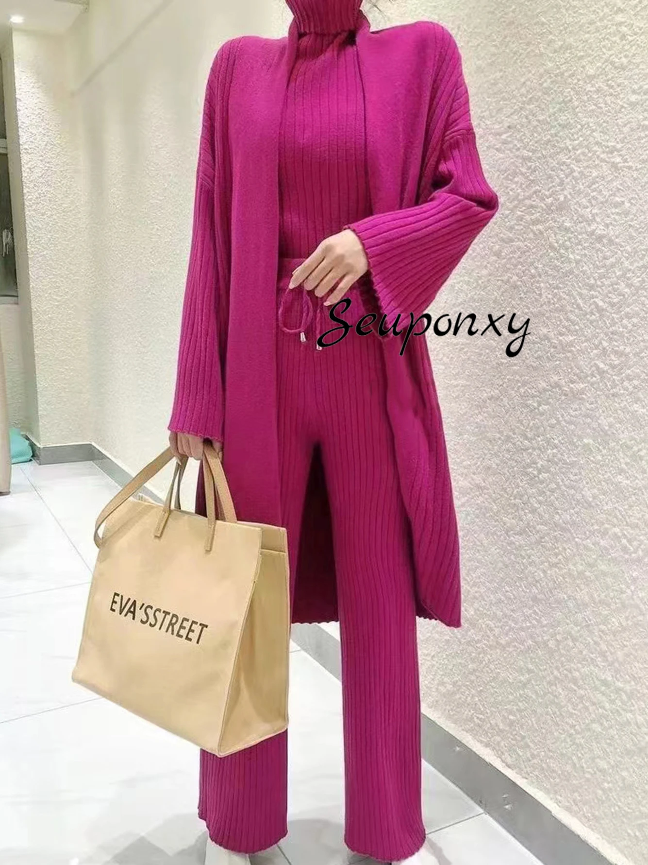 Женский трикотажный Комплект из 3-х предметов длинный кардиган пуловер без