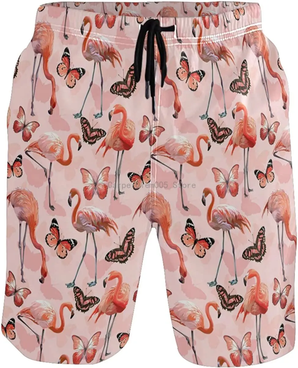

Flamingo Butterfly Print Men's Swimtrunks Quick Dry Casual Mesh Lining Beach Board Shorts with Pockets